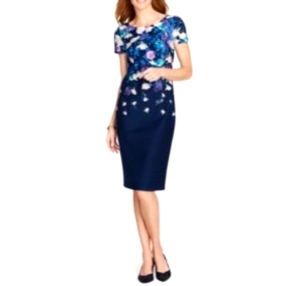 Talbots Pink‎ and Blue Floral Sheath Dress Crew Neck Midi Size 6